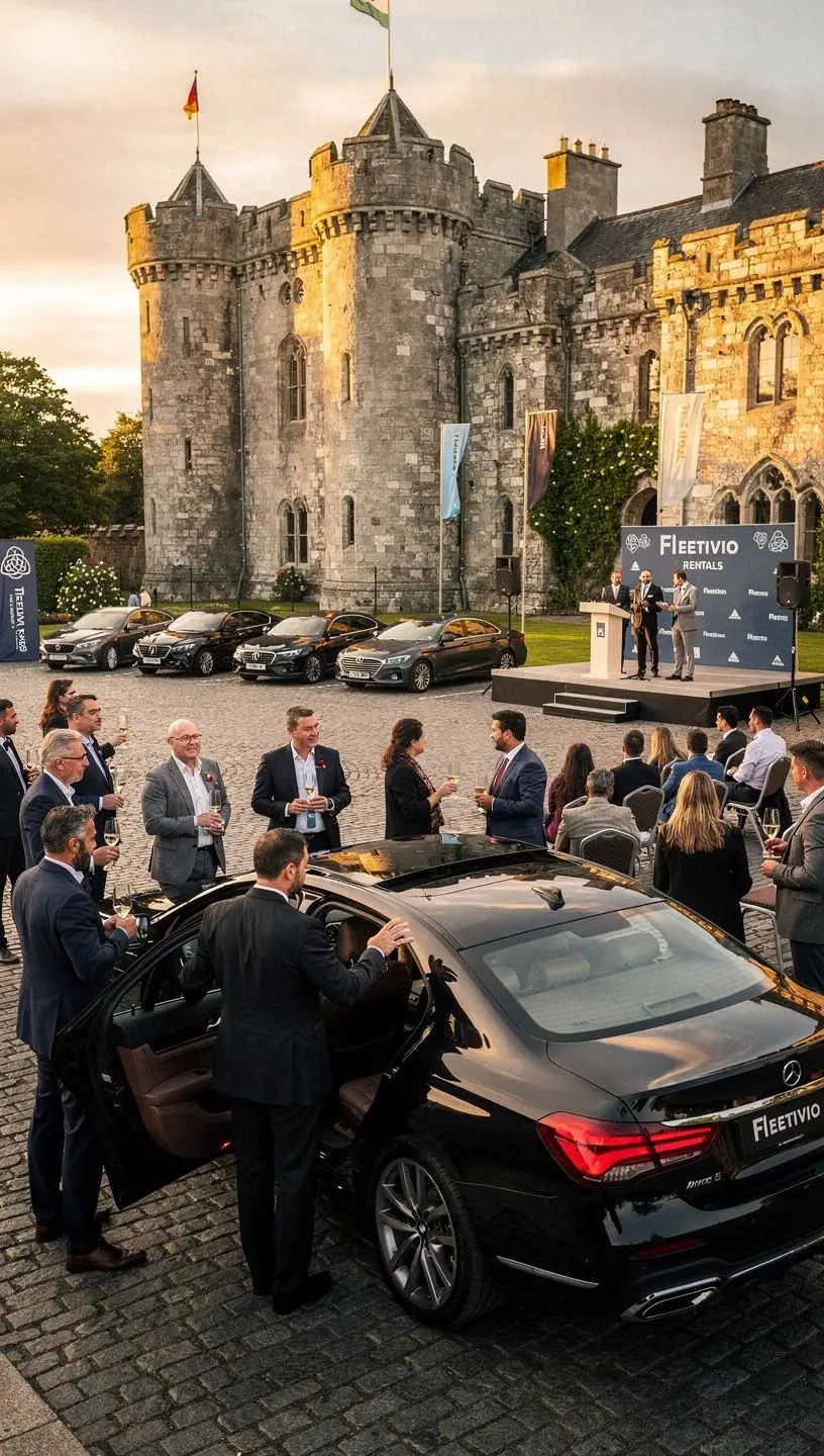 A sleek business car parked in front of a modern office building, showcasing the rental options available for corporate travel.